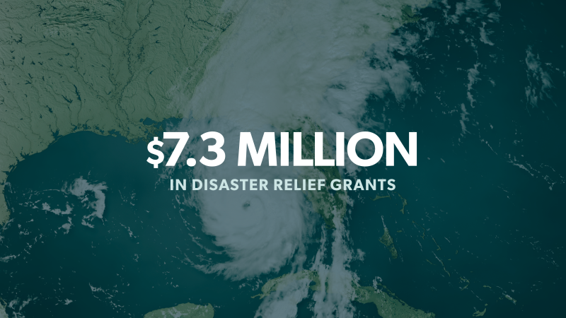 Isang panghimpapawid na kuha ng isang bagyo sa ibabaw ng Golpo ng Mexico na may nakapatong na puting teksto na nagsasabing: $7.3 milyong mga grant na pantulong sa sakuna"