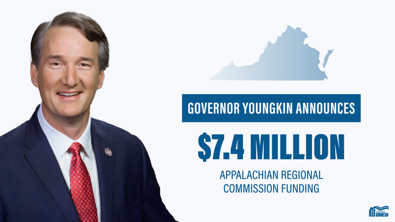 isang larawan ni Gobernador Glenn Youngkin na nakasuot ng asul na suit at pulang kurbata na may balangkas ng Virginia sa background - asul na teksto na nagsasabing "Inanunsiyo ni Gobernador Youngkin ang $7.4 Milyong Pondo mula sa Panrehiyong Komisyon ng Appalachian"