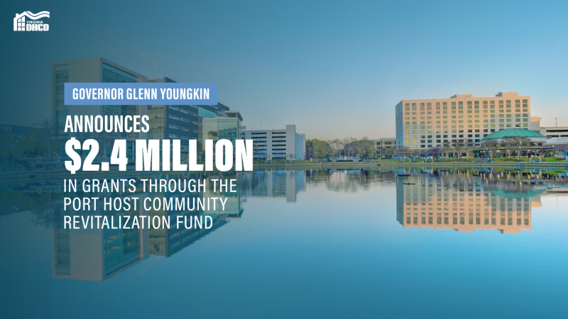 Larawan ng Newport News Port - puting teksto na nagsasabing Inanunsiyo ni Gobernador Glenn Youngkin ang $2.4 Milyon sa mga Grant sa pamamagitan ng Port Host Community Revitalization Fund