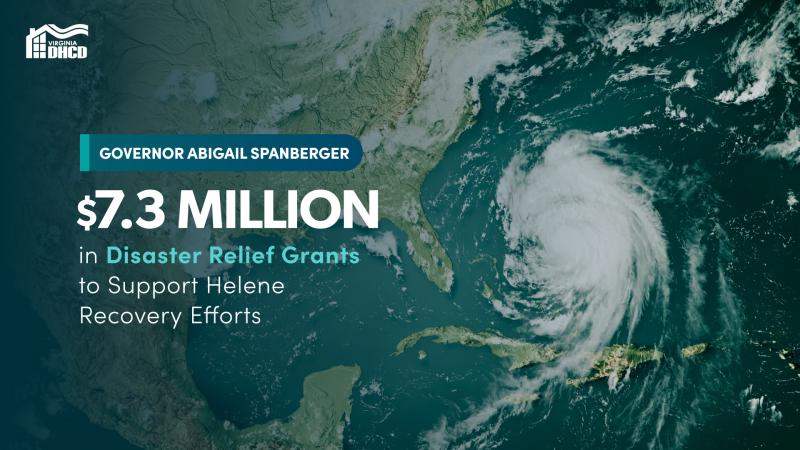 Mababasa ang teksto: "Gobernador Abigail Spanberger $7.3 Milyon sa mga Grant para sa Tulong sa Sakuna upang Suportahan ang mga Pagsisikap sa Pagbangon mula sa Helene" sa ibabaw ng isang larawan ng meteorolohikal na mapang nagpapakita sa bagyong Helene na malapit nang tumama sa lupa